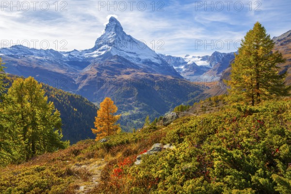 Autumn landscape near the Sunnegga with Matterhorn 4478m, Zermatt, Mattertal, Valais, Switzerland