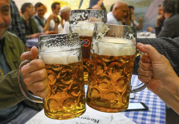 Guests toast with beer mugs, beer mug, Hacker-Pschorr party tent, Bavarian sky, Oktoberfest, Munich, Bavaria, Germany