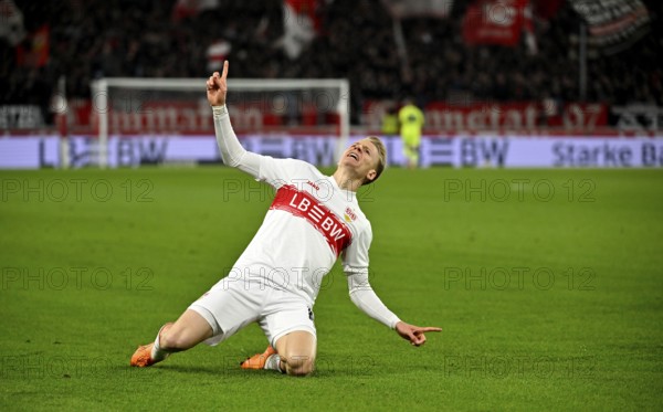 Goal cheers Chris Führich VfB Stuttgart (10) MHPArena, MHP Arena Stuttgart, Baden-Württemberg, Germany