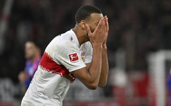Josha Vagnoman VfB Stuttgart (04) Disappointment disappointed after missed goal opportunity gesture MHPArena, MHP Arena Stuttgart, Baden-Württemberg, Germany