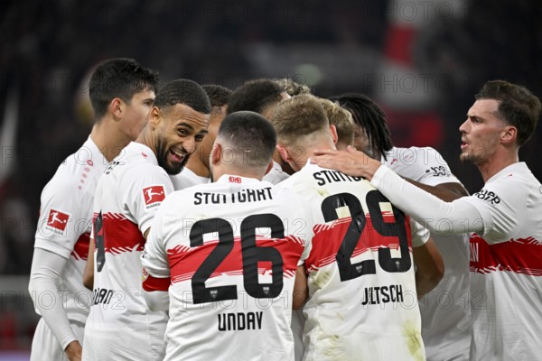 Goal cheers Chris Führich VfB Stuttgart (10) Jose Maria Chema Andres Baixauli VfB Stuttgart (30) Josha Vagnoman VfB Stuttgart (04) Deniz Undav VfB Stuttgart (26) Finn Jeltsch VfB Stuttgart (29) Pascal Stenzel VfB Stuttgart (15) MHPArena, MHP Arena Stuttgart, Baden-Württemberg, Germany