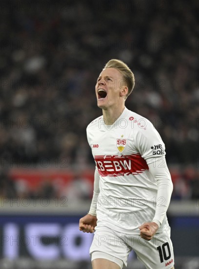 Goal cheers Chris Führich VfB Stuttgart (10) MHPArena, MHP Arena Stuttgart, Baden-Württemberg, Germany