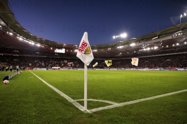 Overview, total, corner flag, logo, VfB Stuttgart, evening game, blue hour, floodlight, MHPArena, MHP Arena Stuttgart, Baden-Württemberg, Germany