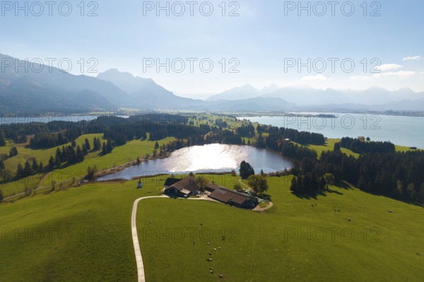 Large-scale view of hilly, wooded landscape with Hegratsried Lake and mountains, farm, near Füssen, Allgäu, Swabia, Bavaria, Germany