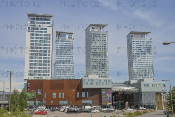 Residential towers, skyscrapers, Kalasatama Centre residential buildings, REDI shopping center in front, Kauppakeskus REDI, Helsinki, Finland