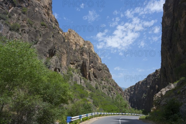 Road through narrow gorge with majestic rock faces, Amaghu Gorge from Noravank Monastery, Noravank, Vayots Dzor Province, Vayots Dzor, Armenia, Caucasus