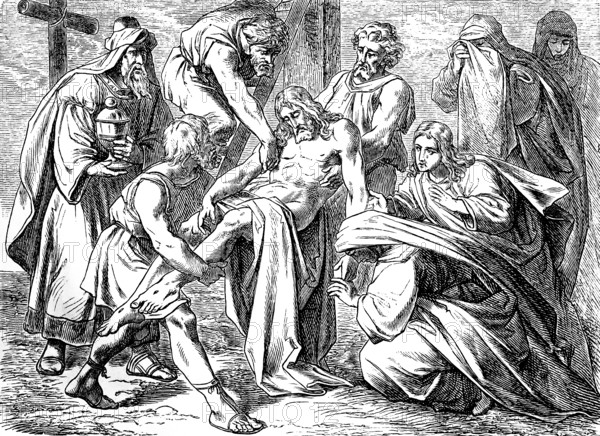 Abandoning of Jesus from the Cross, Gospel of Luke, chapter 24, crucifixion of Jesus, darkness, death, kingdom of God, Joseph, body of Jesus, grief, pain, help, New Testament, Bible, historical illustration 1877