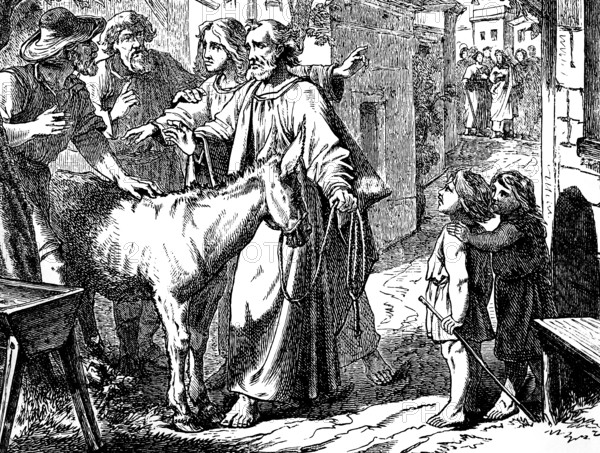 The Lord needs him, a disciple buys a foal for Jesus at the market near Bathania, Gospel of Luke, chapter 19, children, city, marketplace, trade, trough, New Testament, Bible, historical illustration 1877