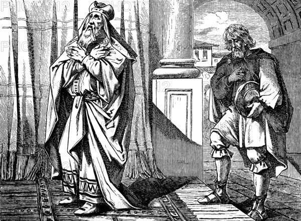 Parable of the praying Pharisee and tax collector who exalted himself will be humiliated, Gospel of Luke, chapter 18, repentance, fasting, looking up to heaven, arms, chest, New Testament, Bible, historical illustration 1877