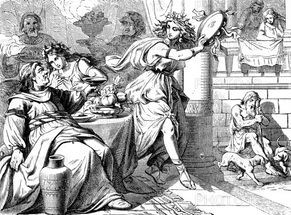 The rich man and poor Lazarus, Gospel of Luke, chapter 16, unjust mammon, housekeeper, office, debtor, prudence, Pharisee, ridicule, poverty, in front of door, crumbs, dogs licking, ulcers, death, Abraham's womb, burial, hell, torment, New Testament, Bible, historical illustration 1877