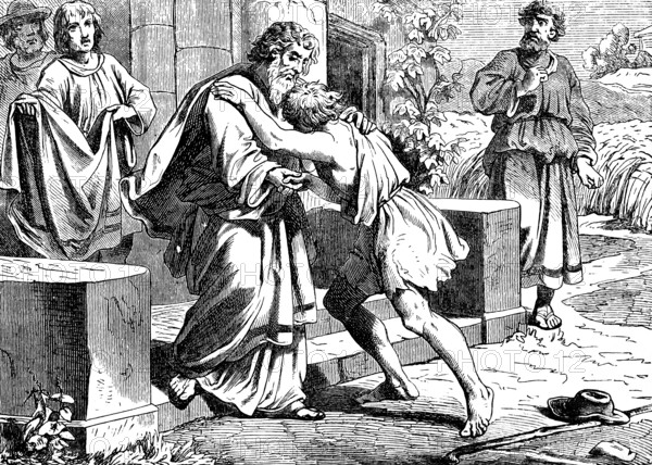 Return of the prodigal son and his father recording, Gospel of Luke, chapter 15, embrace, reconciliation, forgive, slaughter calf, new clothes, finger touch, rediscover, older son, anger, horror, New Testament, Bible, historical illustration 1877