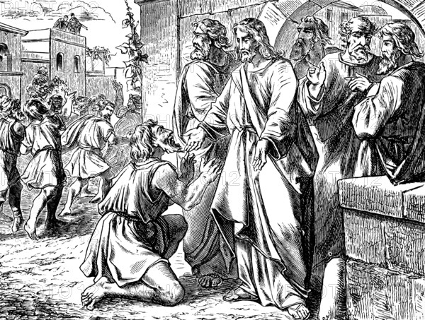 The grateful Samaritan, market in Galilee, Gospel of Luke, chapter 17, lepers, have mercy on us, praise God, thank you, kneel down, crowd, Jesus, New Testament, Bible, historical illustration 1877