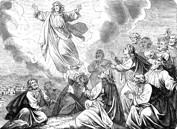 The Ascension of Jesus, Jerusalem, Bethania, Gospel of Luke, chapter 24, to heaven, float, praise God, light, enlightenment, Christian holiday, New Testament, Bible, historical illustration 1877