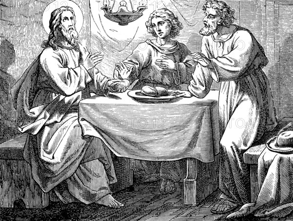 The Risen One is recognized when breaking bread, Gospel of Luke, chapter 24, room, oil lamp, table, bread, sharing, breaking, halo, recognizing, New Testament, Bible, historical illustration 1877