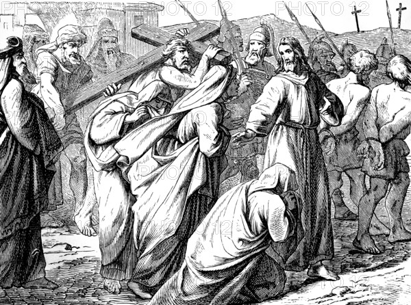 The grieving daughters of Jerusalem, high priests and scribes accuse Jesus, going to the crucifixion, Gospel of Luke, chapter 23, cruelty, Pilate, cries, Barabbas, crosses, mountain, captive, shackle, grief, New Testament, Bible, historical illustration 1877