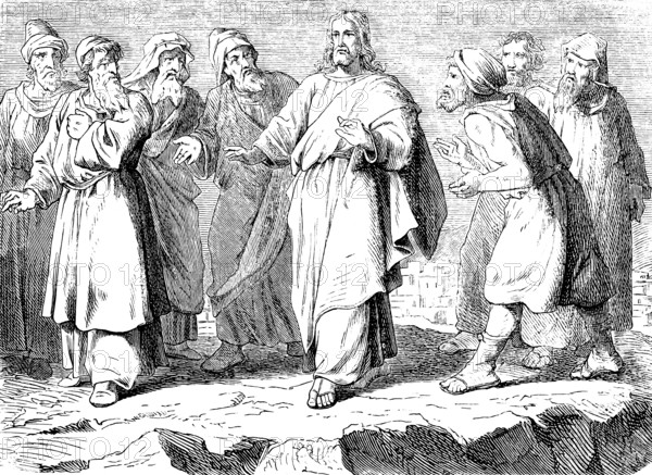 Jesus of Nazareth walks through the midst of his bitter enemies, Gospel of Luke, chapter 1, son of God, group of men, hostile attitude, calm, New Testament, Bible, historical illustration 1877