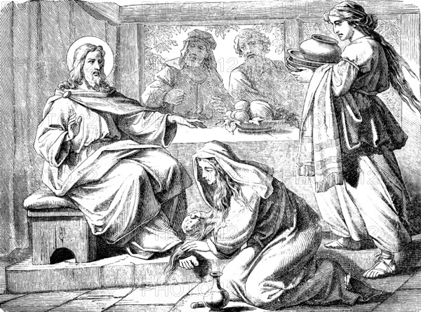 The sinner anoints Jesus' feet in the house of the Pharisee Simon, Gospel of Luke, chapter 7, sinner, tears wetting Jesus' feet, hair drying feet, kisses, forgiveness of sins, faith, peace, New Testament, Bible, historical illustration 1877