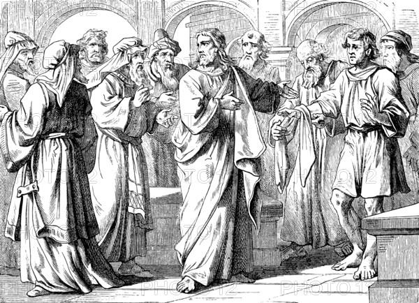 Jesus heals the withered hand, Gospel of Luke, chapter 6, healing, illness, group, wonder, cloth, New Testament, Bible, historical illustration 1877