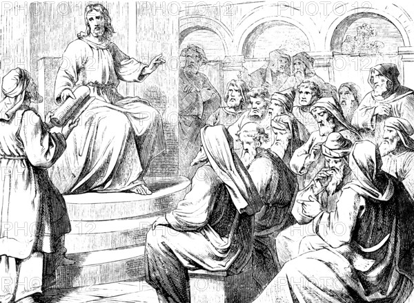 Jesus preaching in the Nazareth synagogue, Gospel of Luke, chapter 4, proclaiming the Gospel, poor, blind, scroll, listener, saint of God, New Testament, Bible, historical illustration 1877
