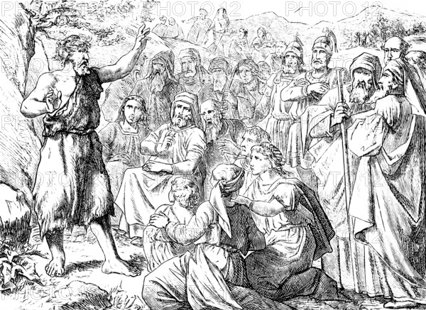 What should we do? The penitential sermon of John the Baptist on the Jordan, Gospel of Luke, chapter 3, baptism with water, forgiveness of sins, Herod, repentance, speech, people, warriors, questions, tax collectors, New Testament, Bible, historical illustration 1877