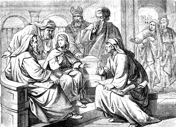 The twelve-year-old Jesus in the temple with teachers, Jerusalem, Gospel of Luke, chapter 2, child full of wisdom, grace, priest, parents looking for son Jesus, New Testament, Bible, historical illustration 1877