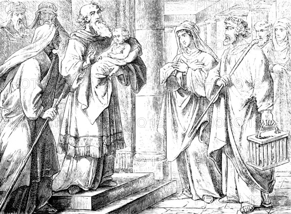 The pious and godly Simeon and the prophetess Anna in Jerusalem, Gospel of Luke, chapter 2, holy spirit, temple, Mary and Joseph, baby in arms, New Testament, Bible, historical illustration 1877