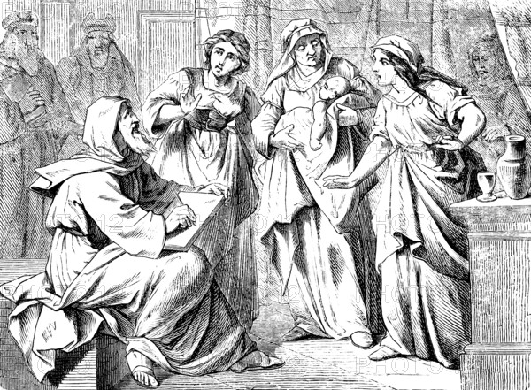 Zacharias wrote and spoke his name is John, Gospel of Luke, chapter 1, Elizabeth with baby, scribe, naming, scroll, entry, book, interior, New Testament, Bible, historical illustration 1877