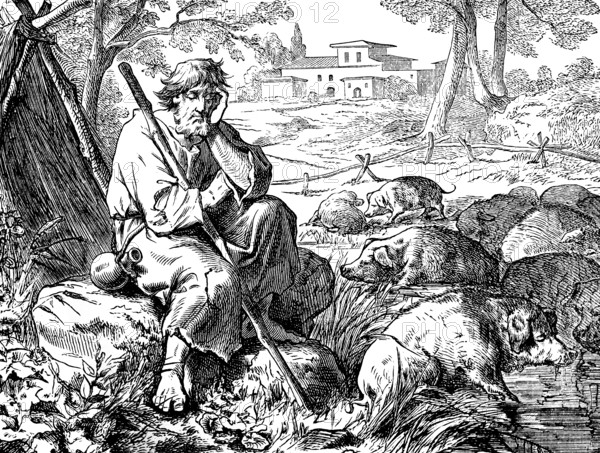 The misery of the prodigal son, Gospel of Luke, chapter 15, two sons, youngest son, shepherd, starving, sharing the property, squandering, return, sin, day labourers, heaven, New Testament, Bible, historical illustration 1877