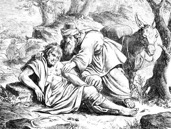 The Good Samaritan on the way from Jerusalem to Jericho, Gospel of Luke, chapter 7, murderer, half-kill, priest and Levite pass by, Samaritan binds the wounds of the half-dead and cares for him, pack animal donkey, landscape, New Testament, Bible, historical illustration 1877