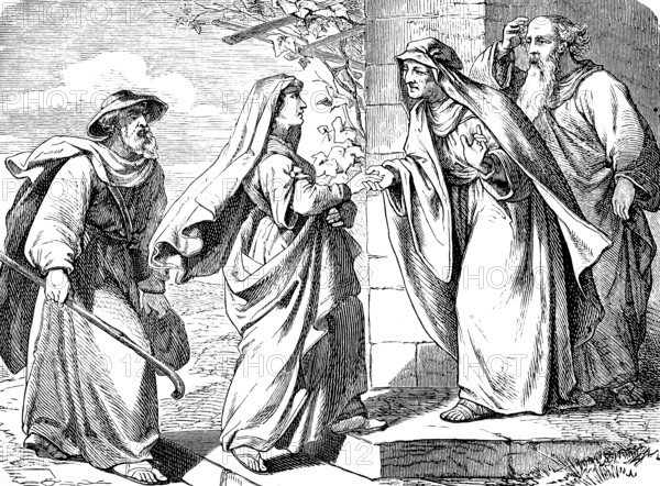 Mary visits Elizabeth, Gospel of Luke, chapter 1, pregnancy Elizabeth, son Zacharias, son John, father, walking stick, greeting, New Testament, Bible, historical illustration 1877