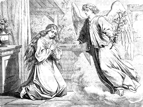 The angel announces the birth of Jesus to the Virgin Mary, Gospel of Luke, chapter 1, porch, building, on knees, New Testament, Bible, historical illustration 1877
