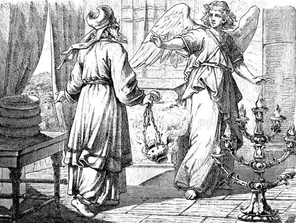 An angel announces the birth of John the Baptist to the pious priest Zacharias, Gospel of Luke, chapter 1, temple, the Lord, incense altar, fear, angel, son John, candelabra, New Testament, Bible, historical illustration 1877