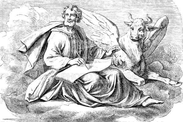 Symbolic image for introduction to the Gospel, Gospel of Luke, Apostle Luke with bull, wing, symbol, sacrifice, evangelist, ox, cloud, scroll, pen, writing, New Testament, Bible, historical illustration 1877