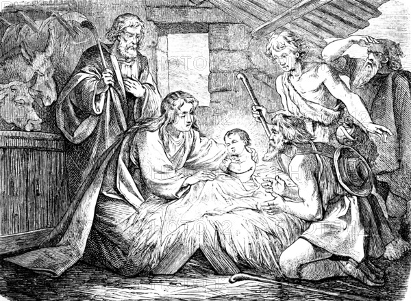The visit of the shepherds to Bethlehem, birth of Jesus, glory to God in the highest and peace on earth, chapter 2, crib, hay, Mary and Joseph, Gospel of Luke, city of David, donkey, cow, stable, savior born, New Testament, Bible, historical illustration 1877