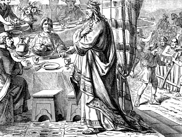The Great Supper, the Master of the House had poor, crippled, lame and blind people come to the meal, Gospel of Luke, chapter 14, Jesus speaks, come, everything is ready, apologies, servant, full house, table, fruit, plates, glasses, fence, curtain, New Testament, Bible, historical illustration 1877
