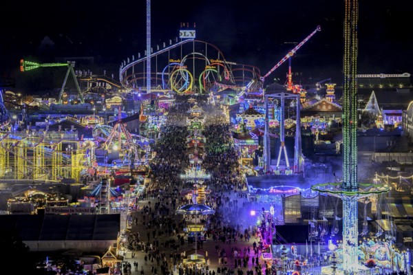 View of Oktoberfest from St. Paul's Catholic Church, Blue Hour, Munich, Bavaria, Germany