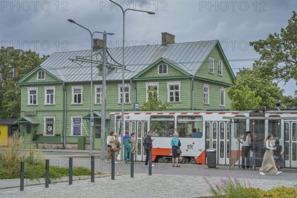 Tram, residential building, old wooden house, Kalamaja district, Tallinn, Estonia