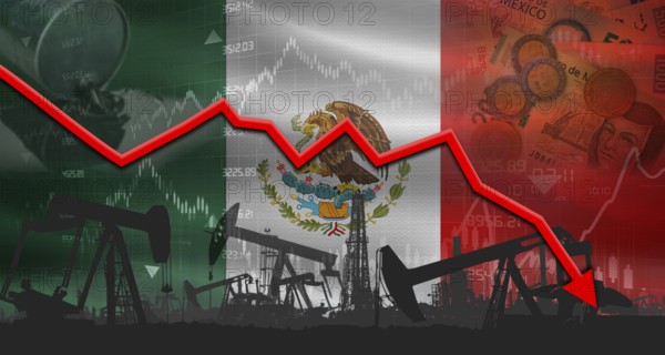 Fall oil price with flag of Mexico on economic chart, Petrol crisis with Mexico flag on financial graph
