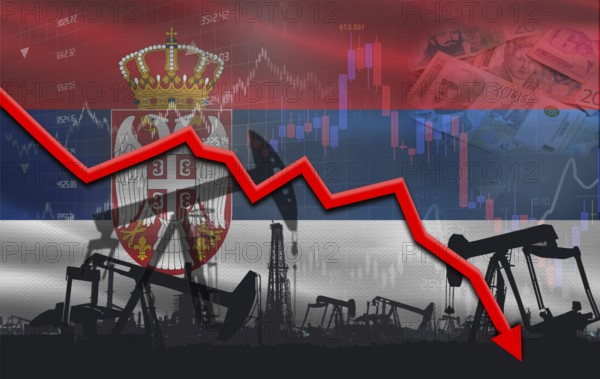 Petroleum crisis with Serbia flag on financial graph. Fall oil price with flag of Serbia on economic chart