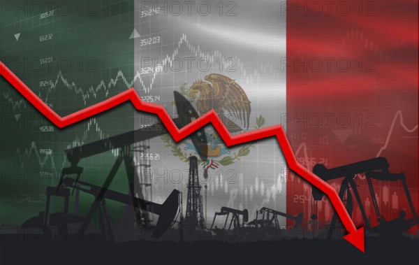 Petroleum crisis with Mexico flag on financial graph. Fall oil price with flag of Mexico on economic chart