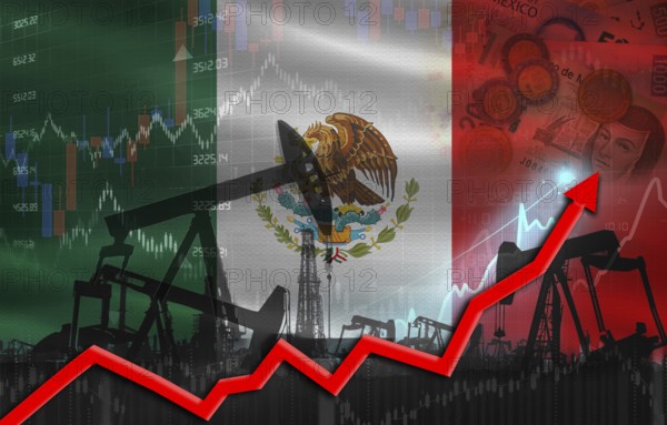 Oil production with Mexico flag, petrol industry. Oil pumps with Mexico flag