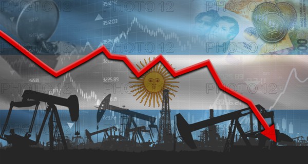 Fall oil price with flag of Argentina on economic chart, Petrol crisis with Argentina flag on financial graph