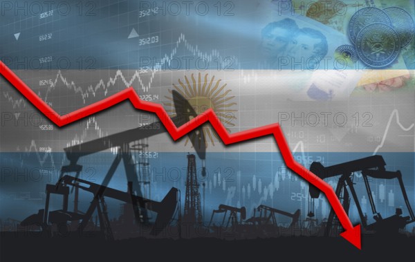 Petroleum crisis with Argentina flag on financial graph. Fall oil price with flag of Argentina on economic chart