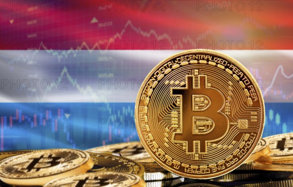 Investors in cryptocurrency and Blockchain Technology in Luxembourg, Concept. Bitcoin with Luxembourg flag in the background