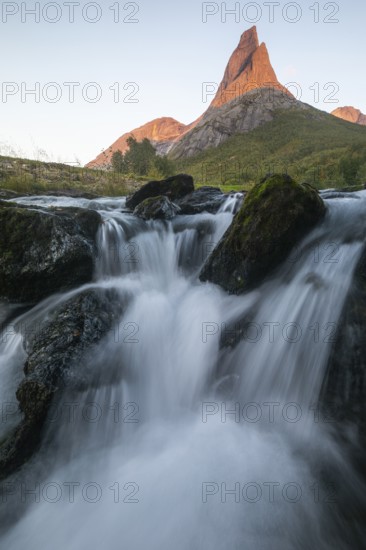 National mountain of Norway, Stetind in the Nordland on Storelva at sunset