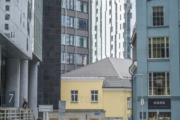Modern office buildings, high-rise buildings, small old building, Maakri-Kvartal business district, Tallinn, Estonia