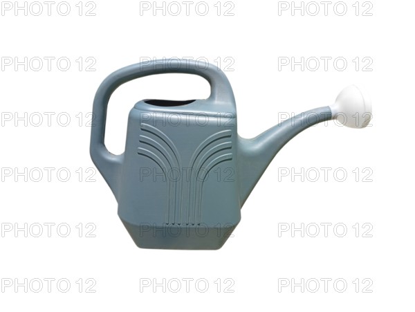 Close-up of a plastic garden watering can on a white background