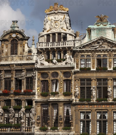 Baroque guild houses on Grand Place, from the right: archers, river boaters, shopkeepers, Brussels, Belgium