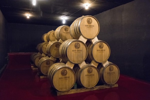 Many stacked wine barrels in a cellar with dim lights, Hin Areni Winery, Areni Village, Vayots Dzor Province, Wajoz Dzor, Armenia, Caucasus