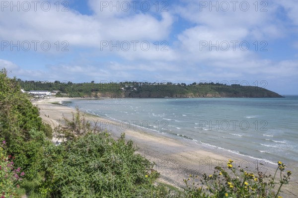 The sandy beach of Plage des Nouelles (Plerin) in the wide bay of Saint-Brieuc, surrounded by green bushes and a wooded stretch of coast, on a sunny day with clear skies, Plerin, Saint-Brieuc, Cotes-d'Armor department, Brittany region, France